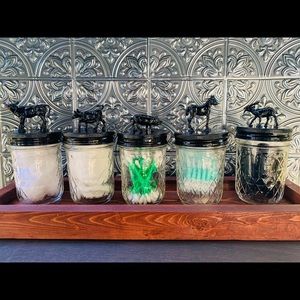 Farm animals team mason jar bathroom storage.
